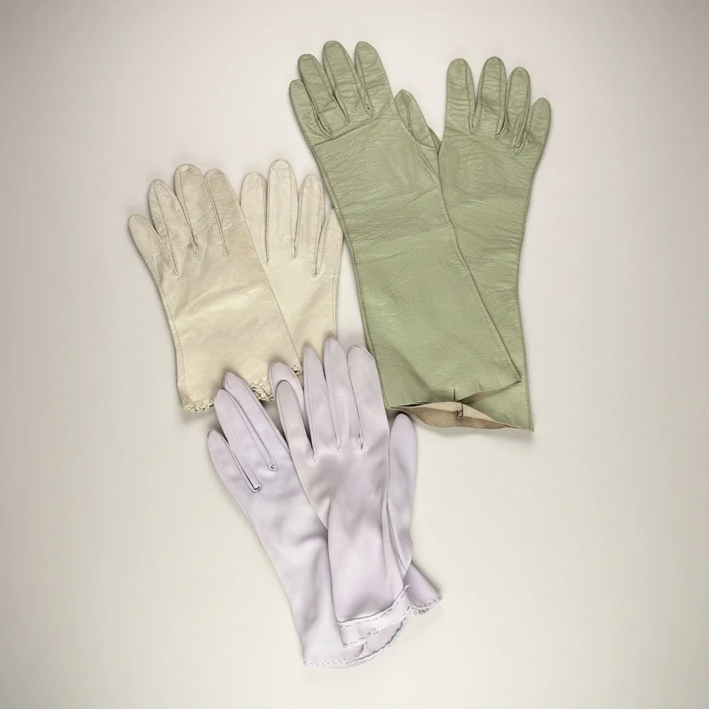 VTG Bundle 3 Pairs Mid-Century Gloves Leather & Nylon Pastel Green White Cream